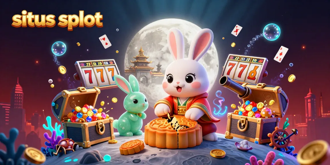 Ilustrasi 3D kucing bulan dengan elemen situs slot, mempersembahkan suasana kasino yang menghibur.