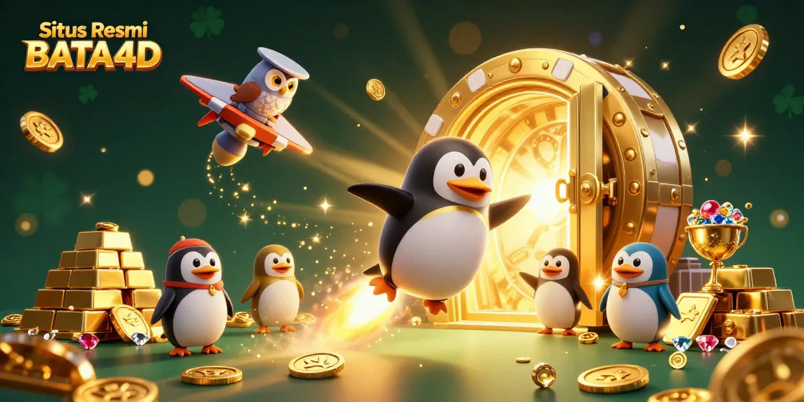 Situs Resmi BATA4D showcases an epic illustration with a golden penguin and treasure elements in casino-themed adventure.