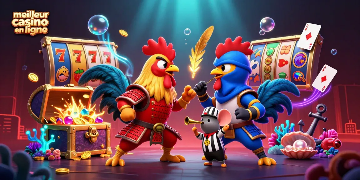 Combat de coqs en 3D illustrant le meilleur casino en ligne, avec des éléments riches et dynamiques.