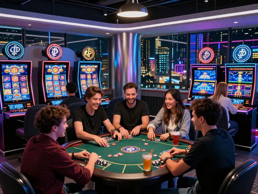 Crypto casino gaming scene showcasing players engaging with digital slots and poker tables.