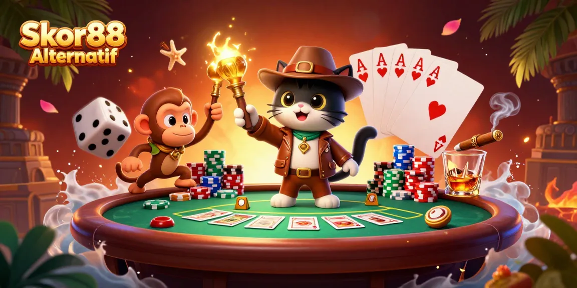Engage with thrilling gaming at Skor88 Alternatif, highlighted by an archaeologist cat with rich casino decor.