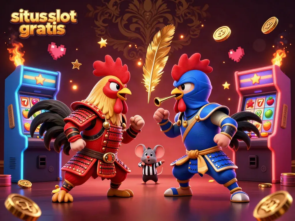 Engage in thrilling action with situs slot gratis featuring fierce samurai and ninja roosters amid vibrant slot reel symbols.