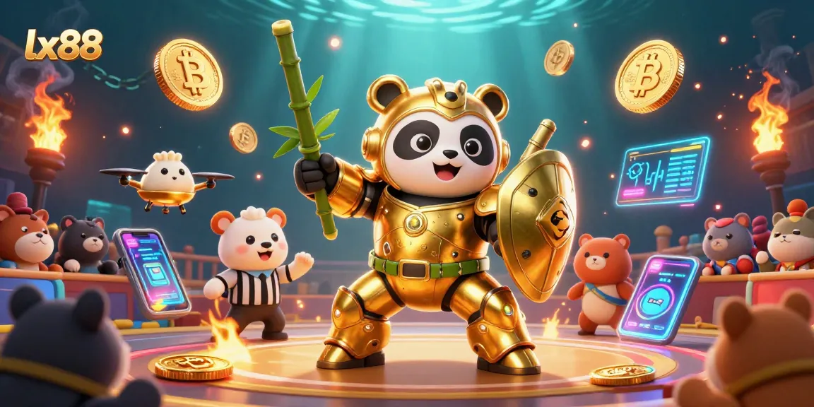 Experience exciting gaming with lx88's vibrant 3D illustration featuring crypto elements and dynamic characters.