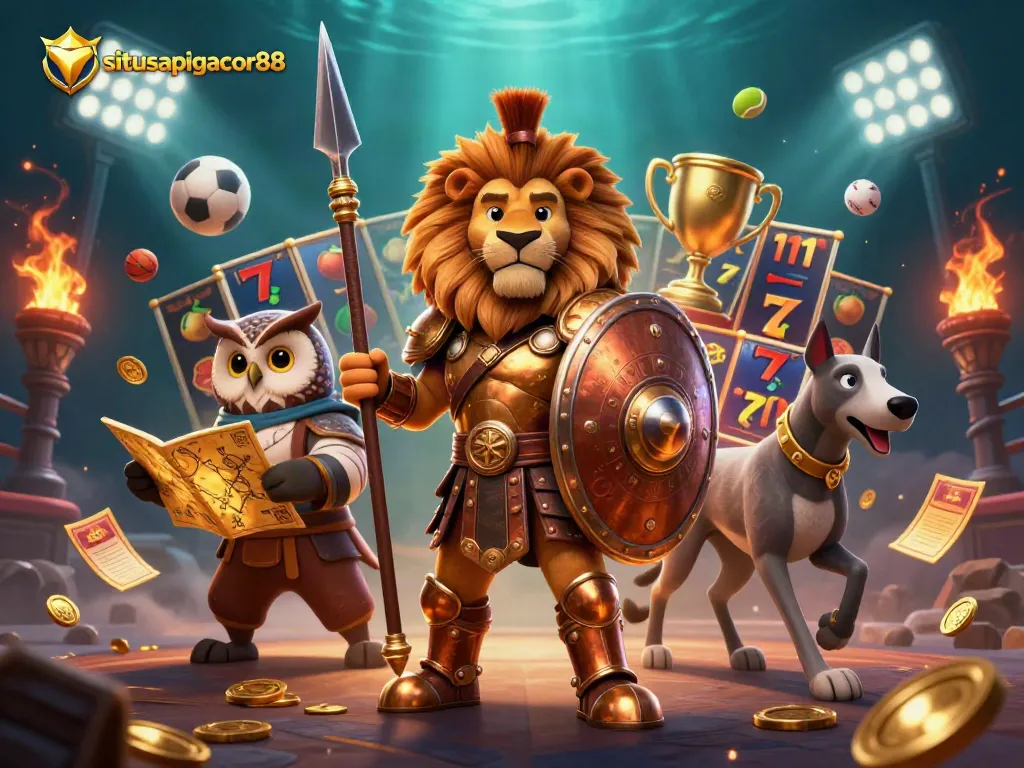 situsapigacor88 showcases a 3D cartoon lion, owl, and greyhound in a vibrant casino scene with fruits and slot reels.