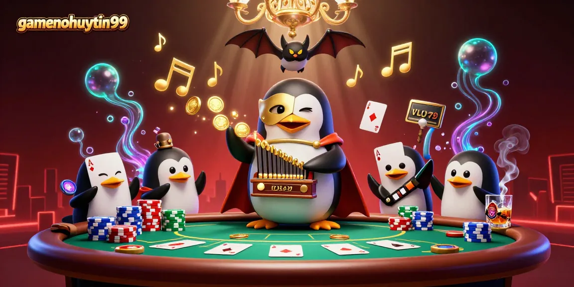 Experience gamenohuuytin99 with a thrilling 3D casino scene featuring a phantom penguin and poker action.