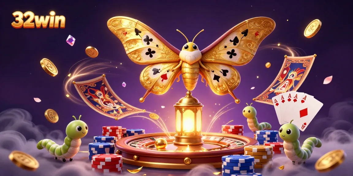 Engage with vibrant casino scenes and winning moments at 32win featuring golden moths, coins, and cards.