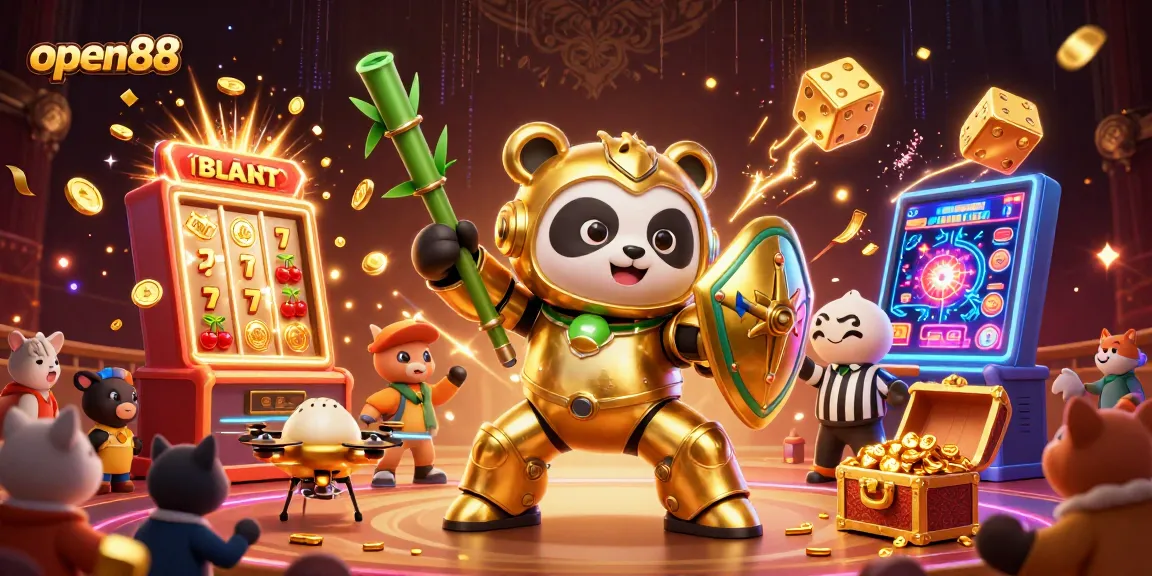 Experience thrilling gameplay at open88 with a golden panda in a mech-suit amidst a vibrant 3D casino scene.