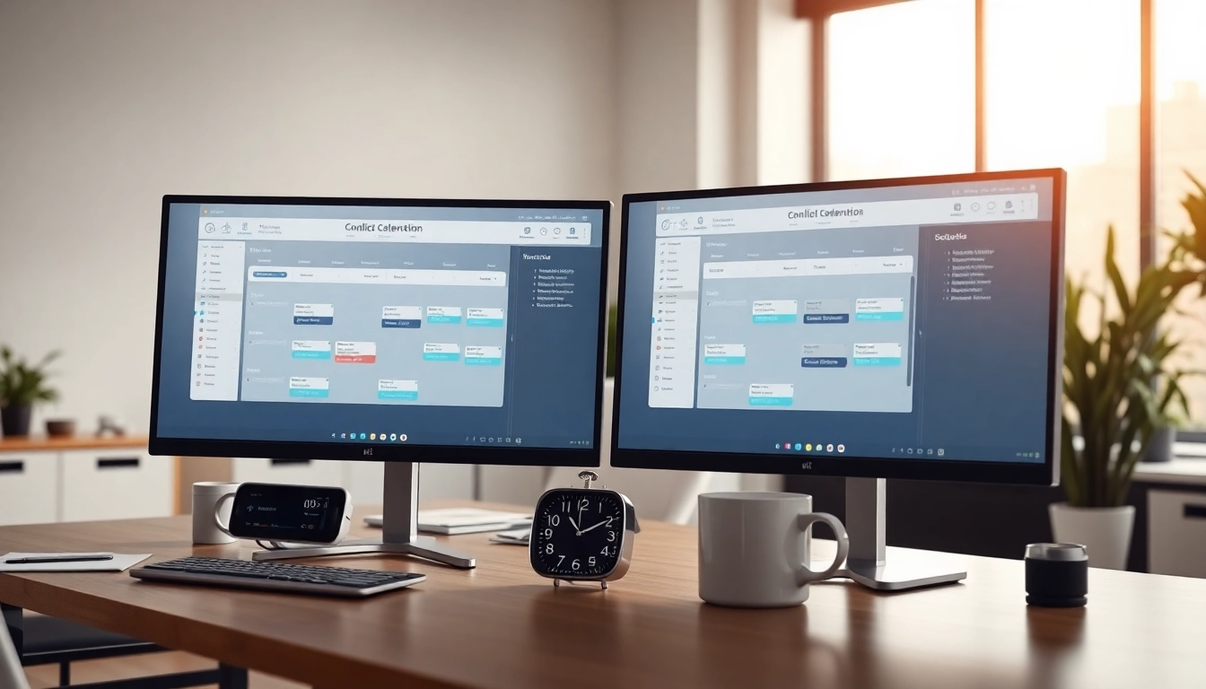 Optimize your schedule with AI calendar conflict resolution tools highlighted on dual monitors.