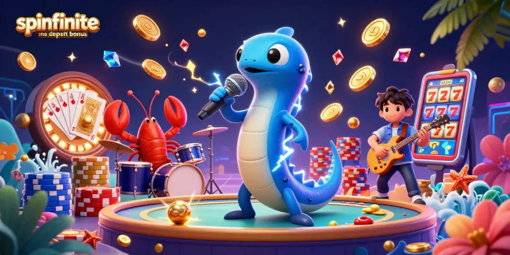 Experience the excitement of Spinfinite no deposit bonus with vibrant 3D casino characters and elements.