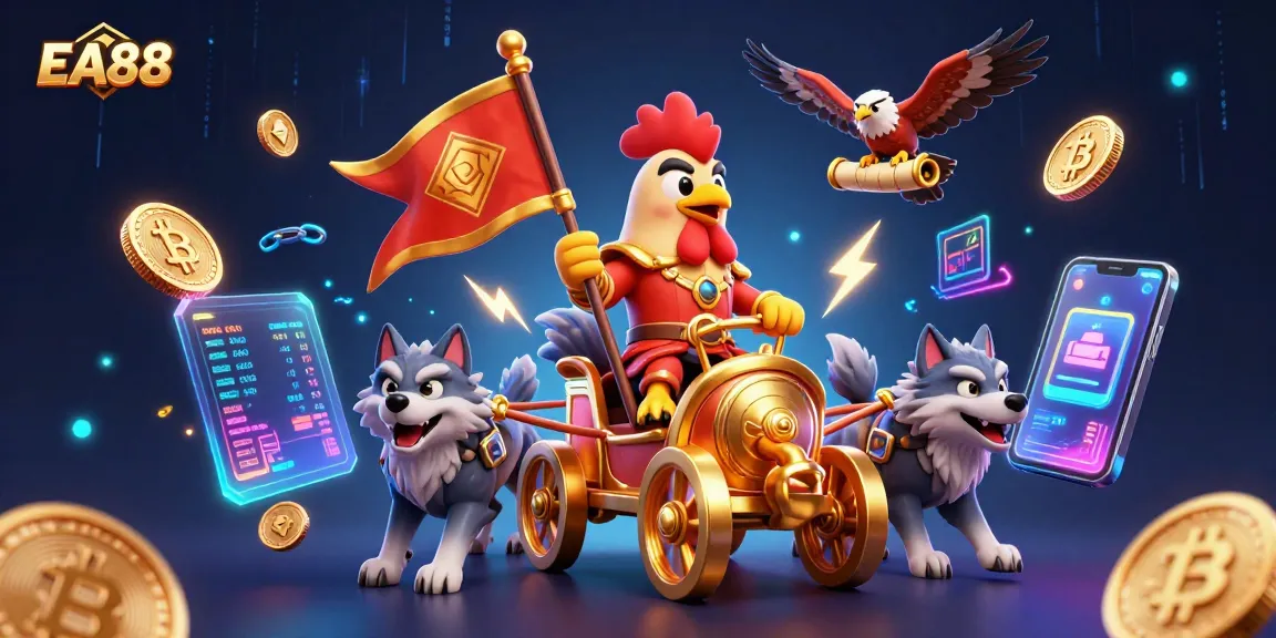 Win big with EA88 in this dynamic scene featuring casino elements and a rooster warlord.