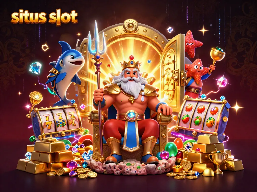 Experience the excitement of situs slot with Neptune and treasures amidst slot reels and gems.
