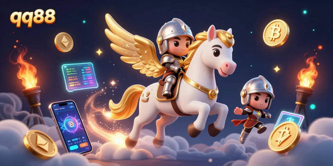 Engage with the exciting world of qq88 cryptocurrency games featuring 3D cartoon illustrations of a celestial horse and knight.