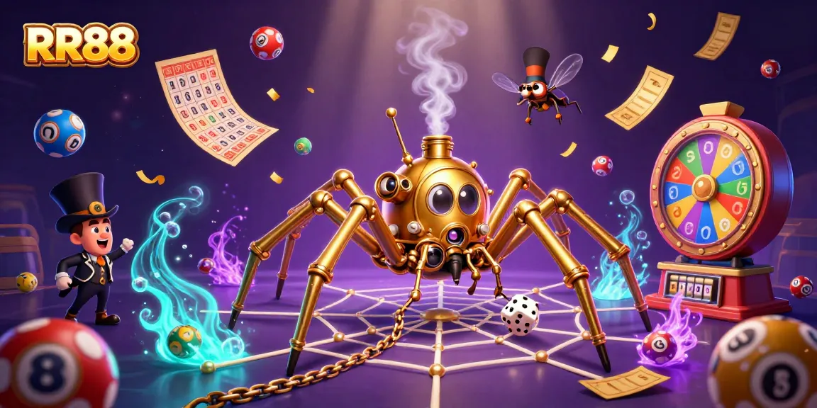 Engage with RR88's thrilling gaming experience featuring a steampunk spider and vibrant casino elements.