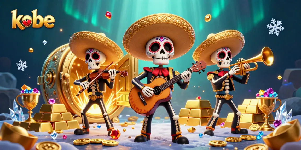Kobe's colorful mariachi band celebrates with treasure in a vibrant casino scene.