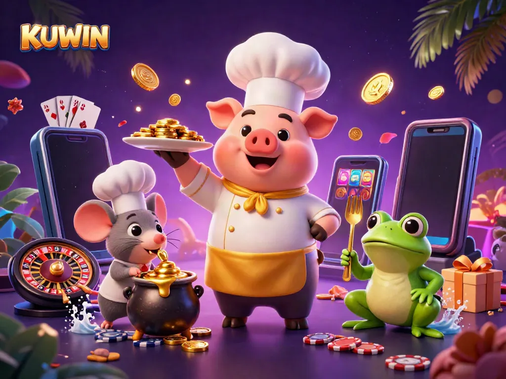 Spin the reels for gold at KUWIN's vibrant casino experience featuring animated characters.
