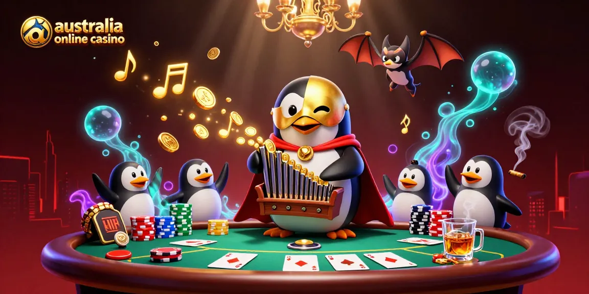 Experience thrilling gameplay at australia online casino with a unique 3D illustration featuring a playful penguin, poker elements, and vibrant atmosphere.