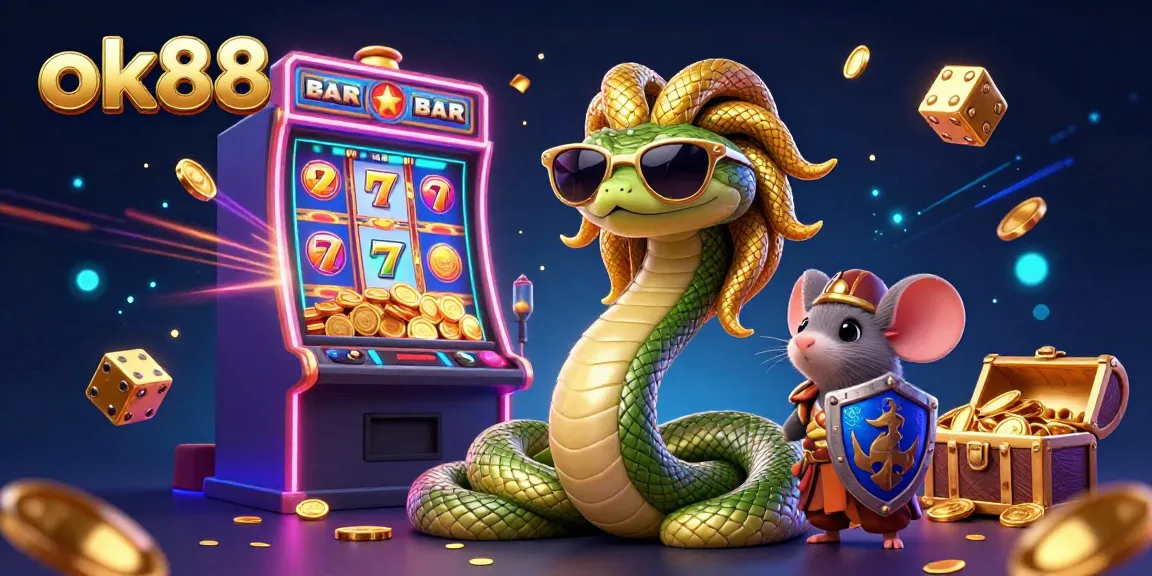 Experience thrilling games at ok88 with a vibrant display of casino excitement and friendly characters.