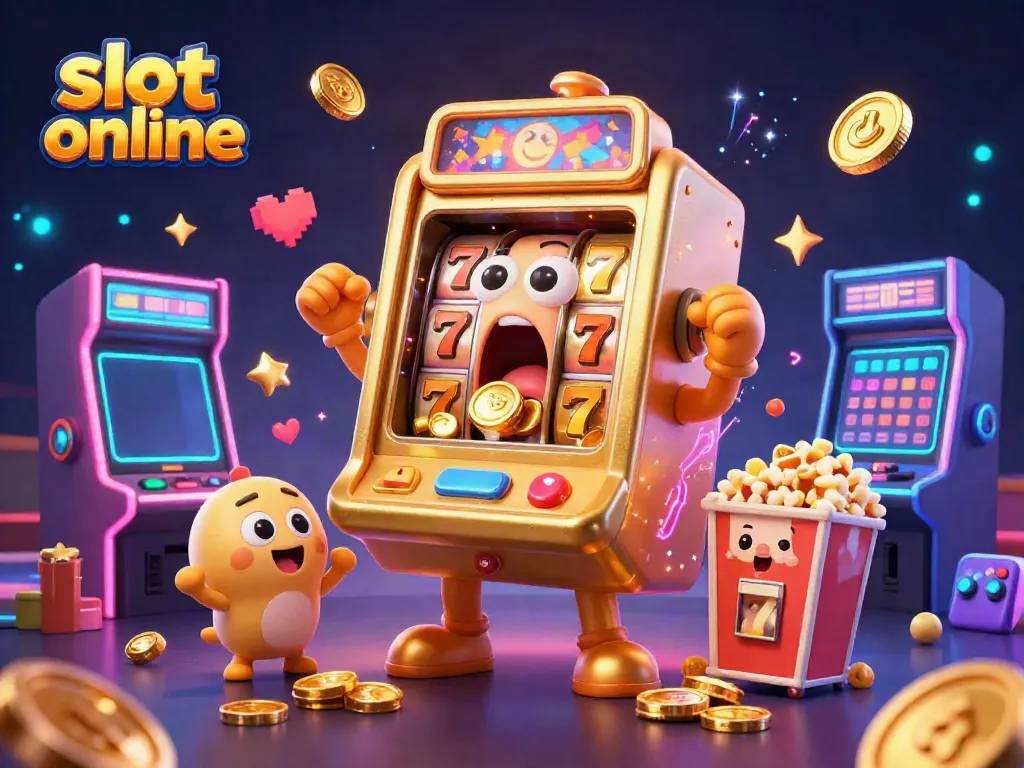 Experience thrilling action as the slot online character hits a jackpot, with coins pouring out in a festive atmosphere.