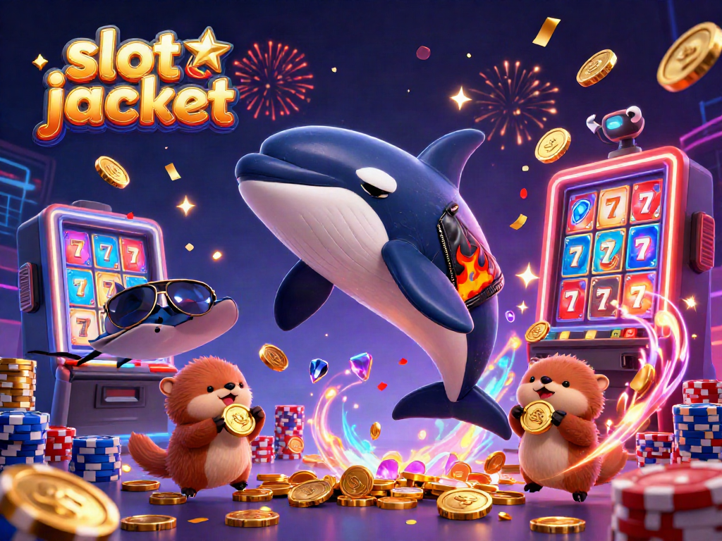 Experience excitement with slot jackpot in a vibrant 3D casino scene featuring animals and coins.