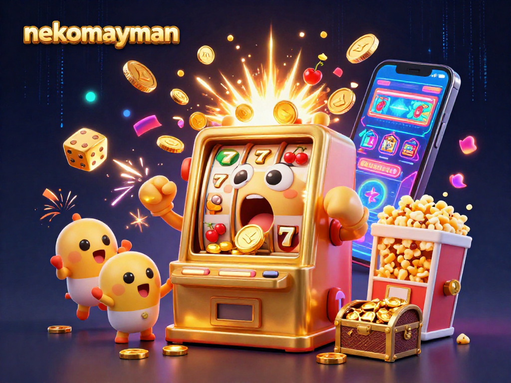 nekomayman casino slot machine hits jackpot, coins bursting from mouth surrounded by golden symbols