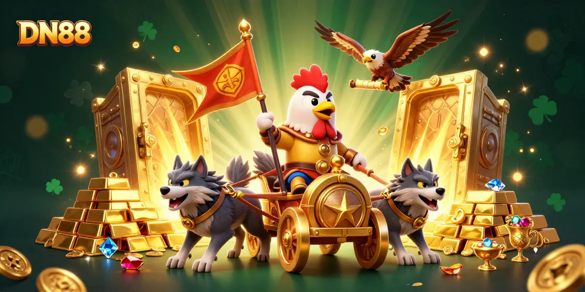 Join the thrilling adventure at DN88, where the rooster warlord leads a quest for riches in a vibrant casino realm.