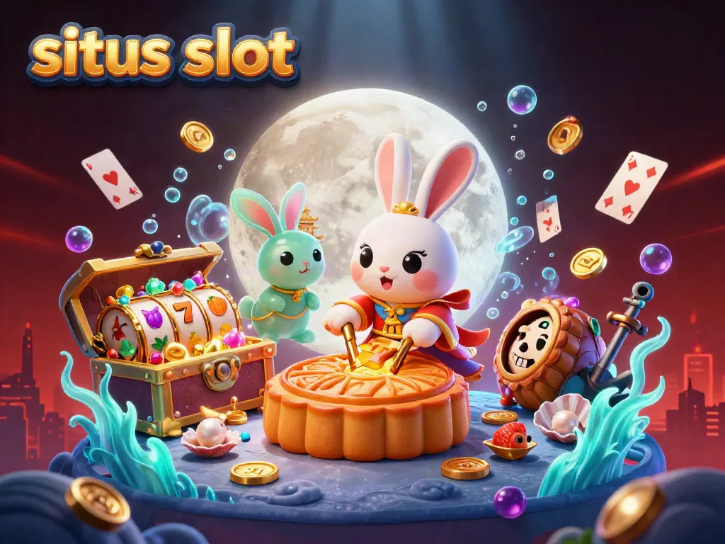 Ilustrasi situs slot menampilkan kelinci bulan memukul kue bulan di permukaan bulan, dikelilingi elemen kasino.
