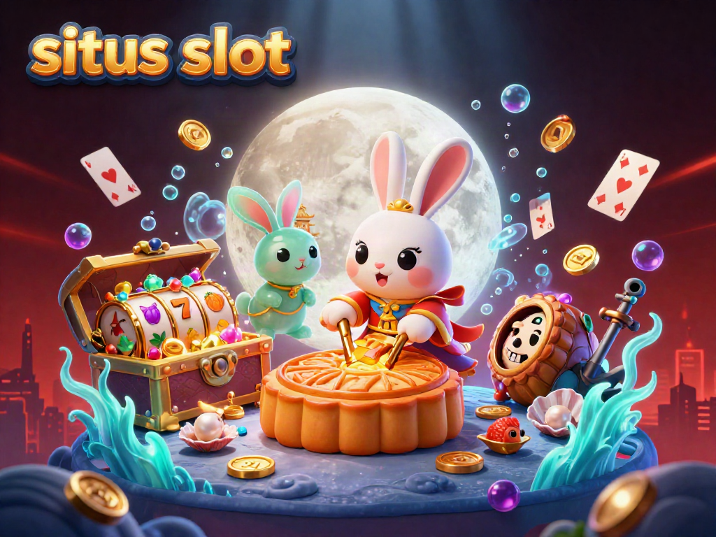 Ilustrasi situs slot menampilkan kelinci bulan memukul kue bulan di permukaan bulan, dikelilingi elemen kasino.