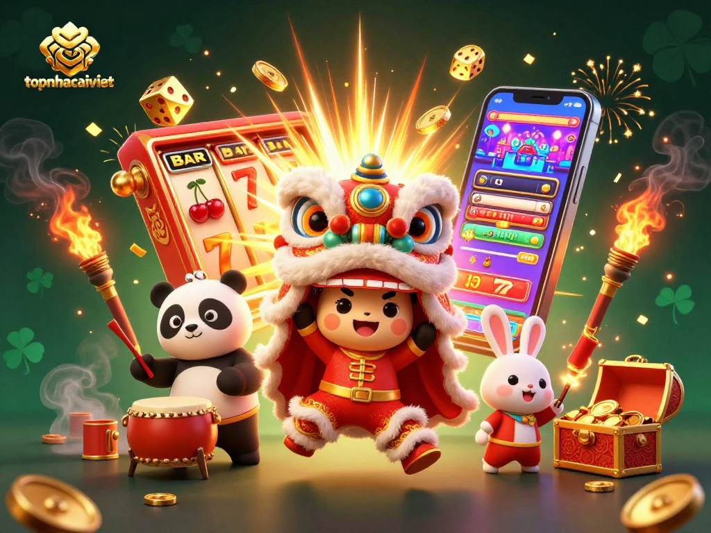 Experience thrilling wins at topnhacaiviet with vibrant illustrations of casino games and characters celebrating!