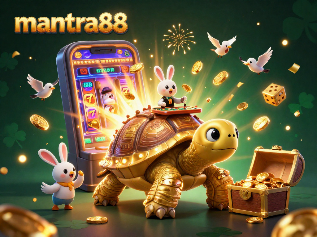 Spin to win with mantra88's vibrant 3D casino scene, showcasing slots and golden rewards.
