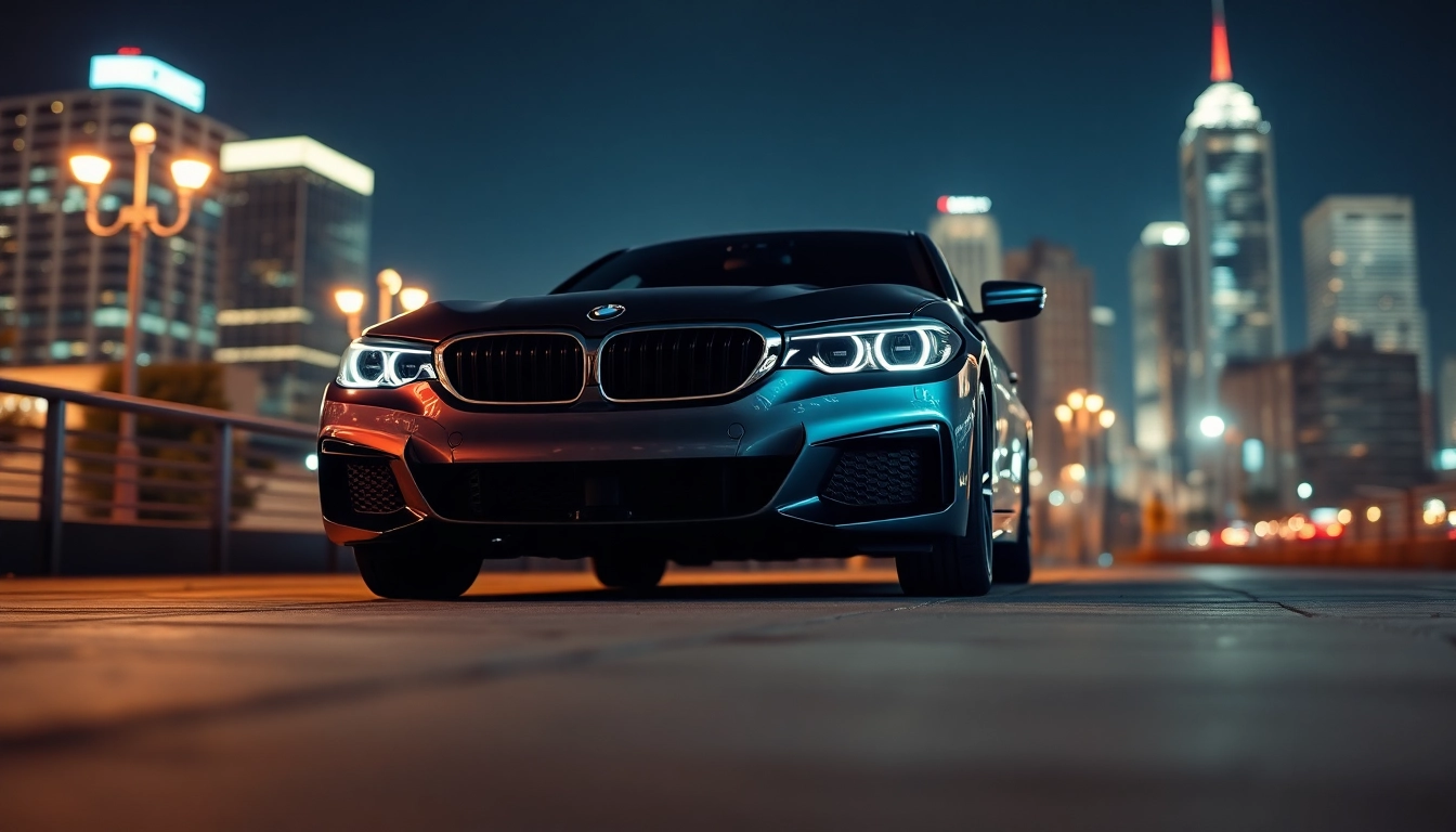 Admire the Luxury BMW car showcasing elegance in an urban environment illuminated by dusk lights.