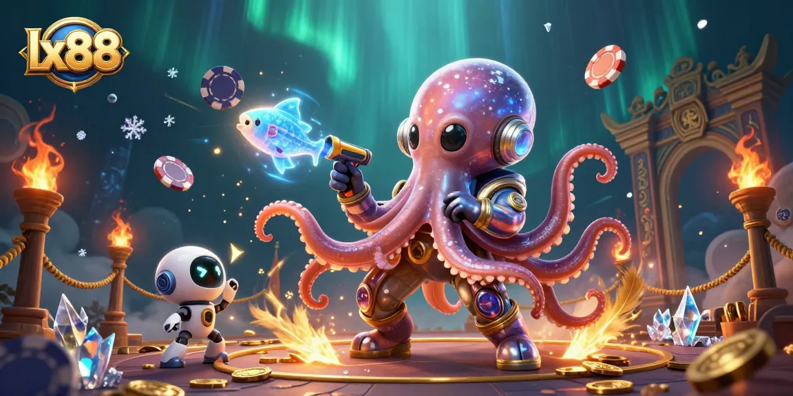Engage in gaming excitement with lx88 featuring an alien octopus and a robot in a vibrant underwater casino scene.