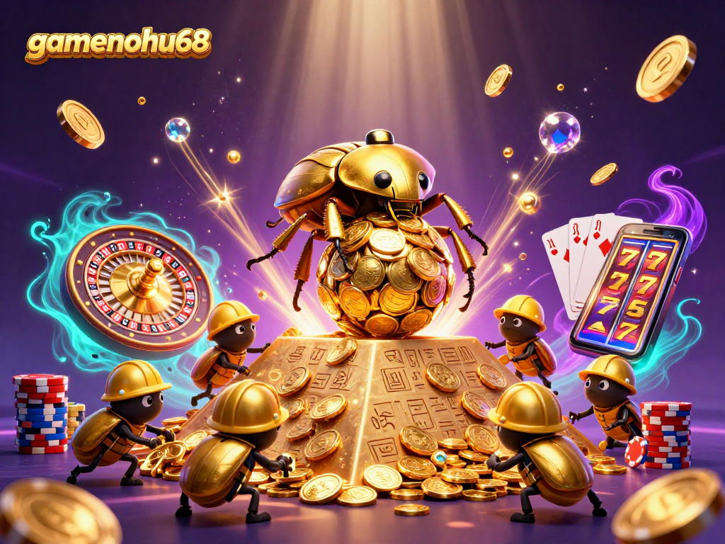 Experience the excitement of gamenohu68 as vibrant beetles roll golden coin jackpots in a dazzling casino scene.