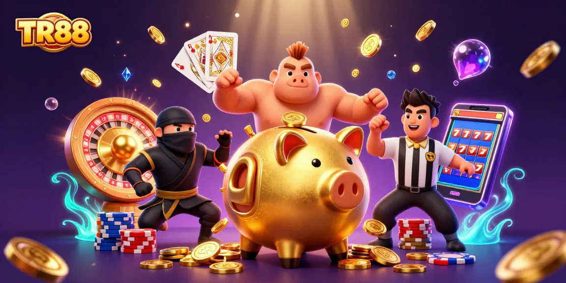 Experience thrilling gameplay at TR88 with a dynamic scene featuring a golden piggy bank sumo wrestler amid cascading coins.