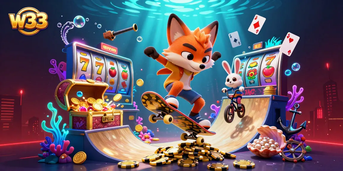 Experience w33 pokies action with a cartoon fox and rabbit in a vibrant casino scene.