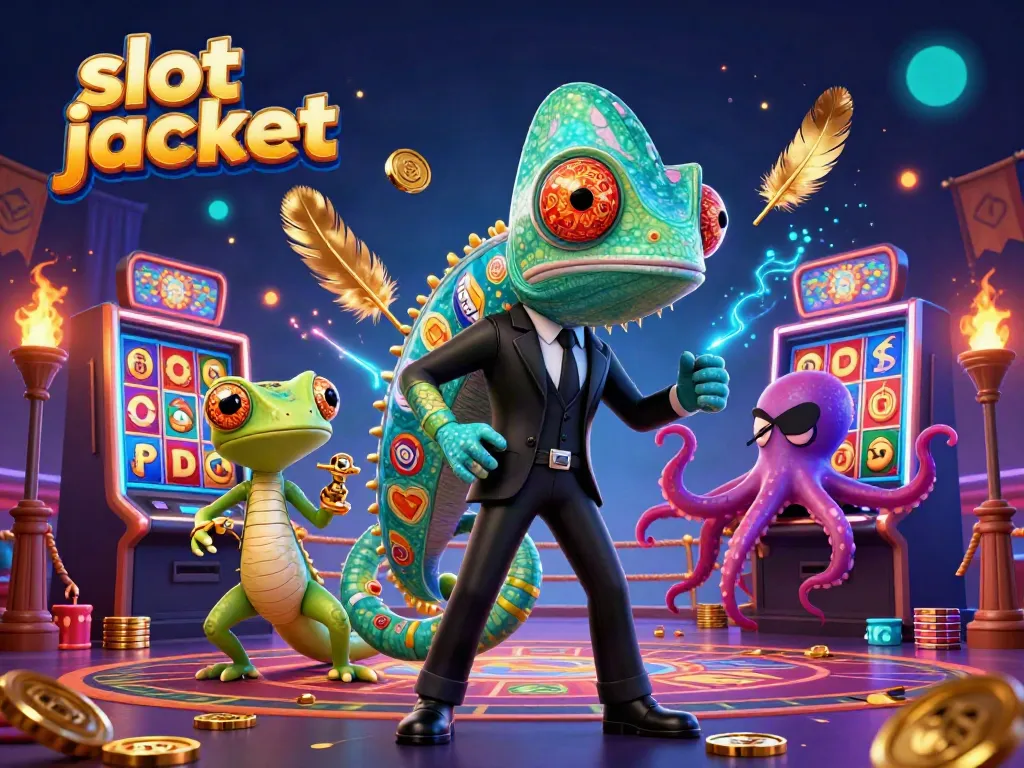Experience the thrill of the slot jackpot in a dynamic casino scene with a colorful chameleon and gadget-gecko duo.