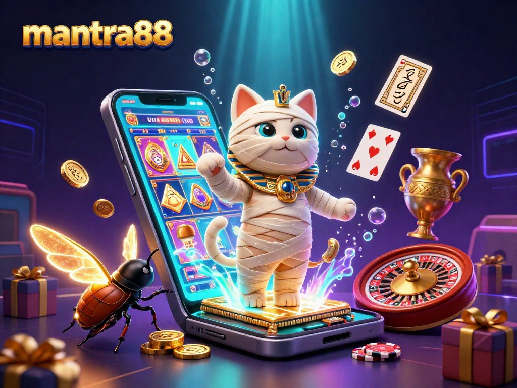 Experience the thrill of mantra88 with the vibrant mummy cat and golden coins bursting from a smartphone in an 8K casino scene.
