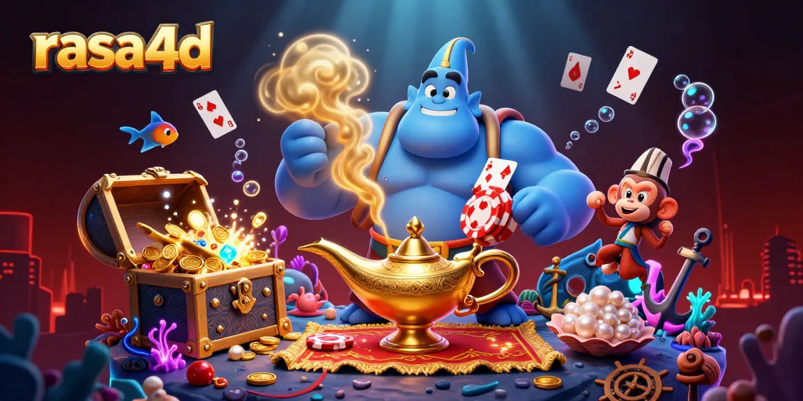 Mendapatkan kemenangan dengan rasa4d saat menikmati keajaiban kasino dengan karakter genie, koin emas, dan kartu permainan.