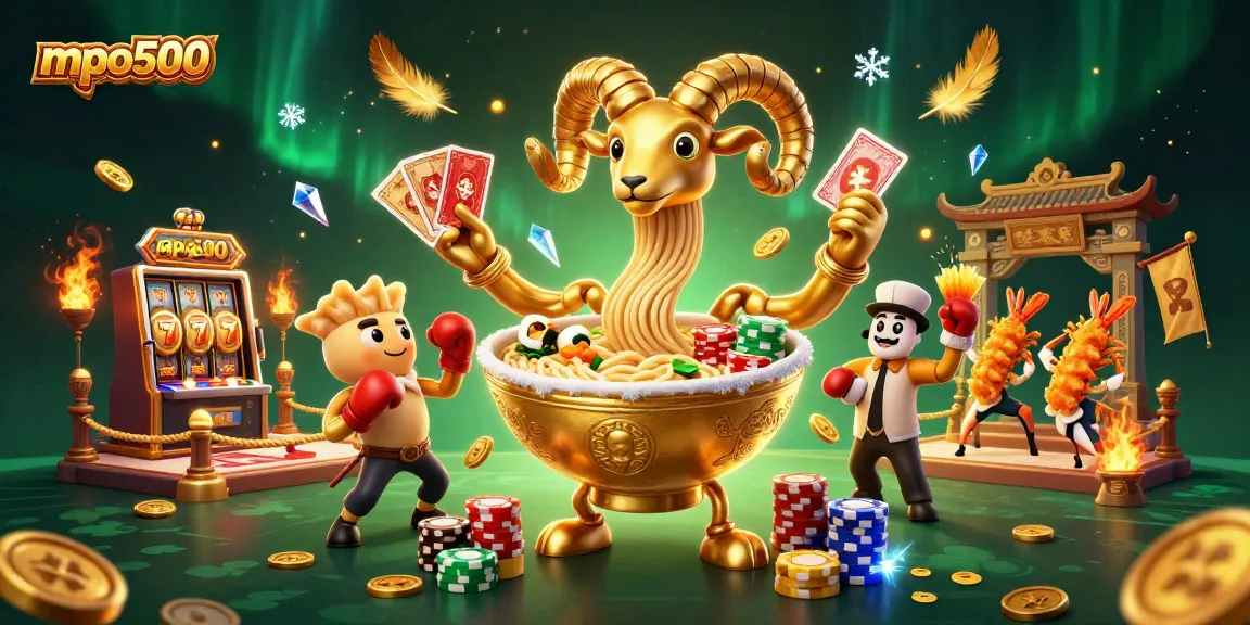 Experience the excitement of mpo500 with a vibrant casino scene featuring animated culinary characters.