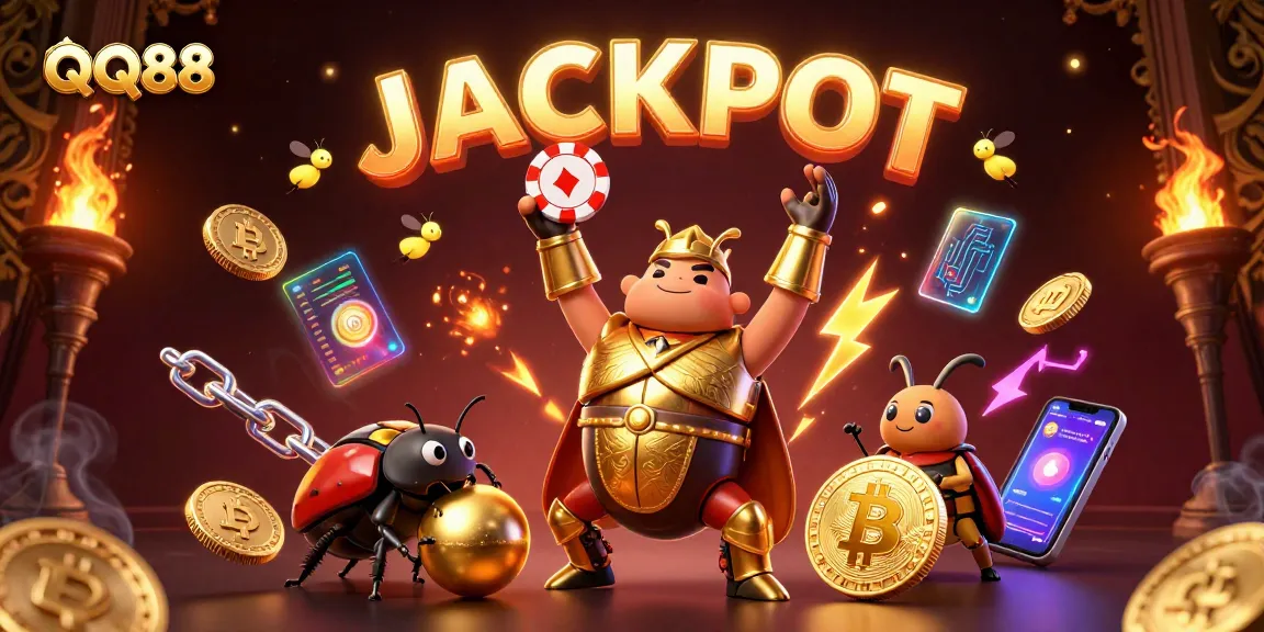 Join the action at QQ88 as our heroic beetle celebrates a victorious poker win!