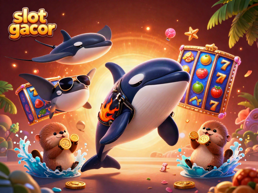 Engage in slot gacor adventures with animated sea creatures celebrating jackpots in vibrant casino style.