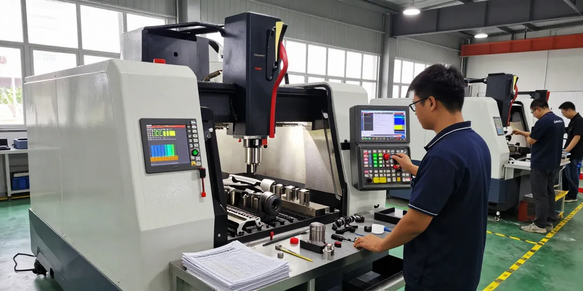 CNC machining parts manufacturer in a modern facility with a technician programming machinery.