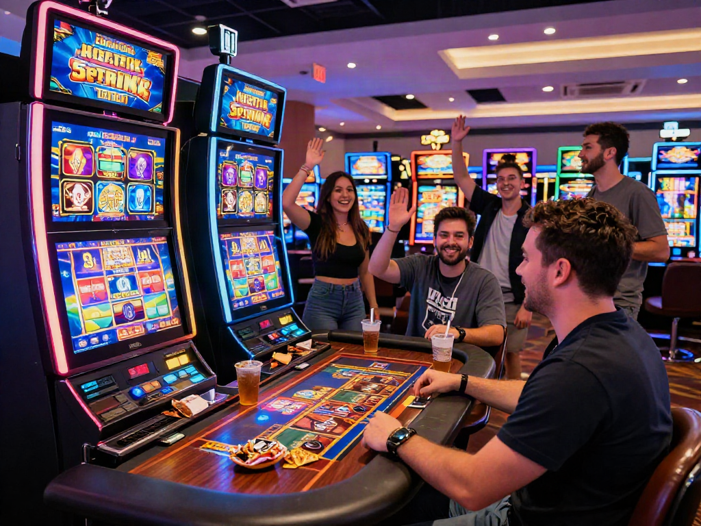 Excited players celebrating wins at a casino with a slot deposit 5k theme.