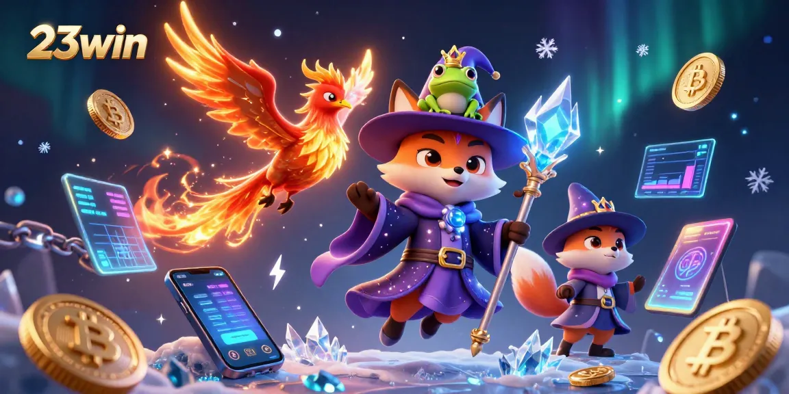 Play boldly at 23win with this vibrant 3D casino scene featuring crypto elements.