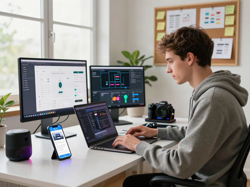 Pikashow APK download scene showing a developer coding on a laptop amidst tech gadgets and app mockups in a vibrant home office.