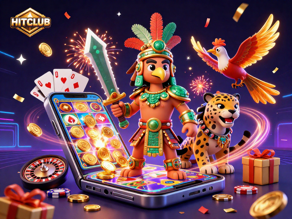Engage with HITCLUB's vibrant 3D casino scene featuring warriors and dynamic gaming elements.