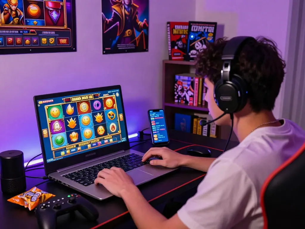 Engaging player enjoying slot gacor maxwin gaming on laptop with vibrant visuals and snacks nearby.
