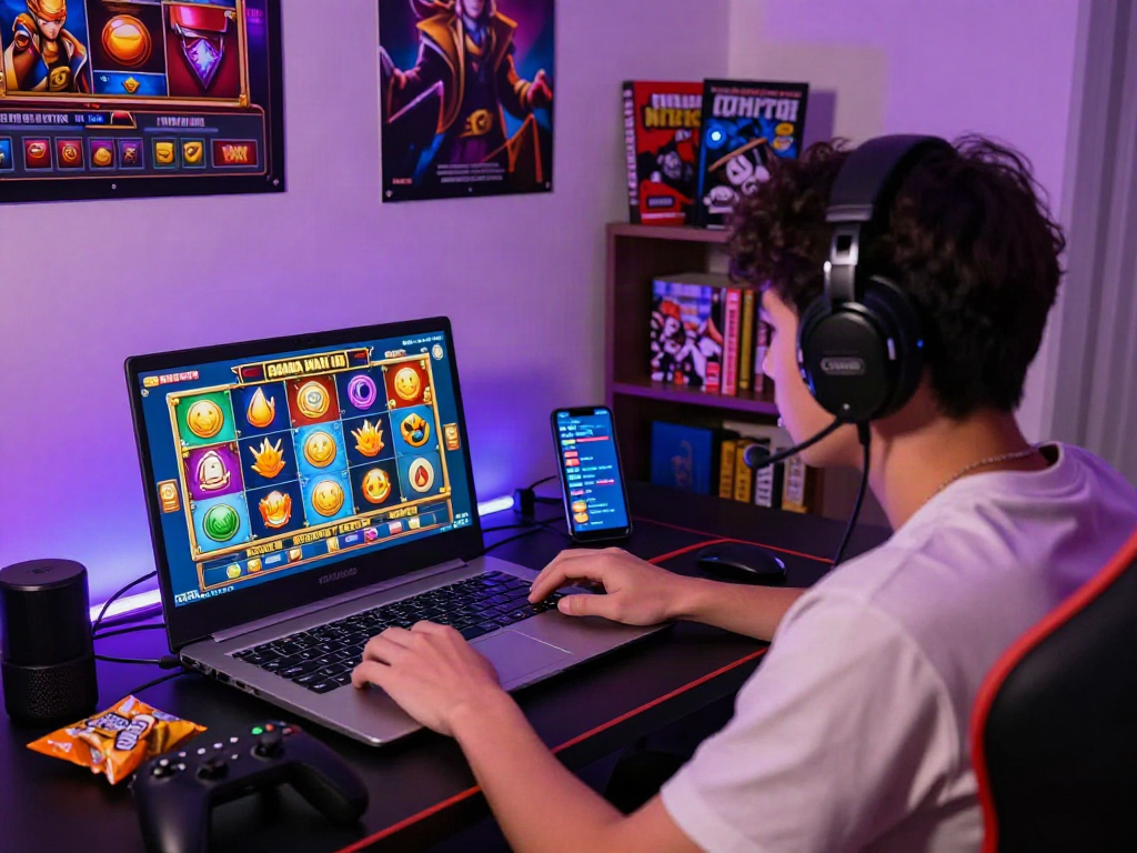 Engaging player enjoying slot gacor maxwin gaming on laptop with vibrant visuals and snacks nearby.