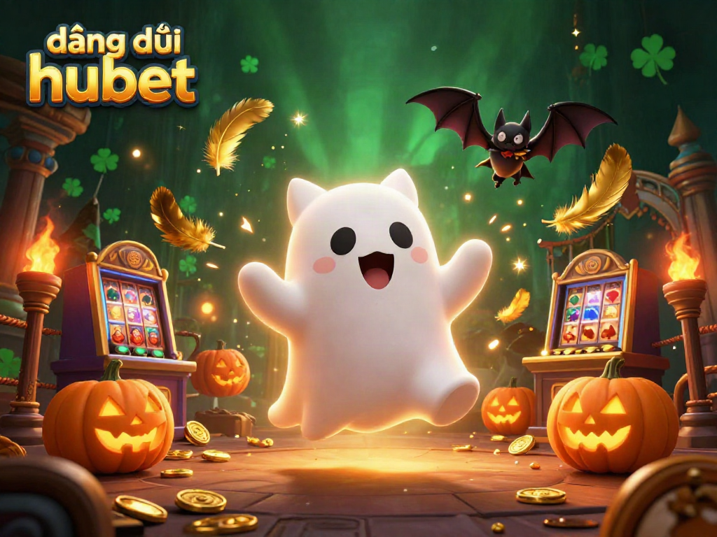 Join the action with đăng ký hubet, featuring a playful ghost cat and bat companion in a haunted casino scene.