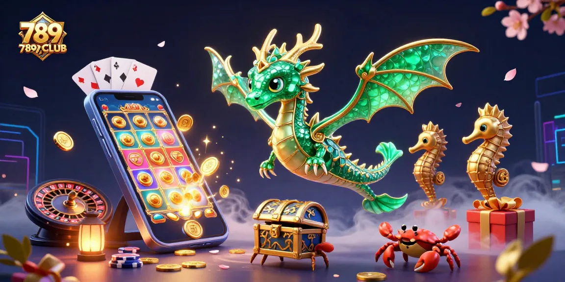 Spin and win at 789CLUB with vibrant visuals of slot games and imaginative casino elements.