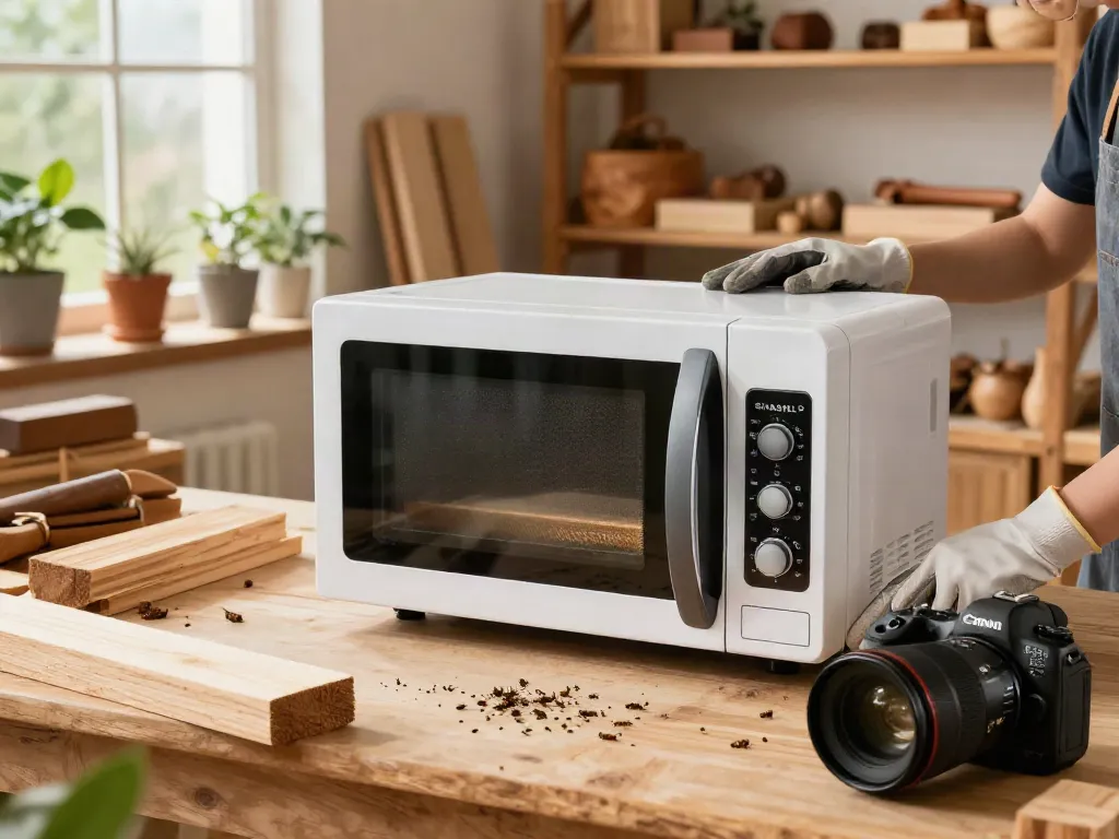 SHASHEL® microwave device effectively eliminating wood-boring insects in a wooden workshop.